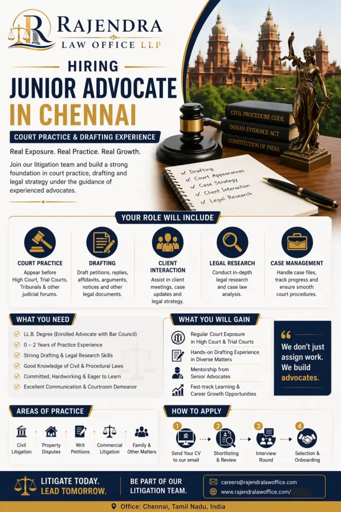 Infographic Image - Hiring Junior Advocate in Chennai – Court Practice & Drafting Experience